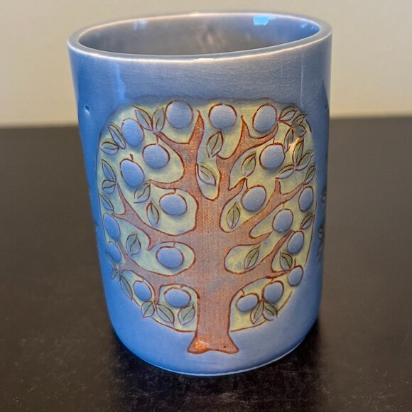 Handcrafted Pottery Otagiri Style Grayish Blue Glazed Cup / Mug w/ Trio of Trees - Picture 3 of 7